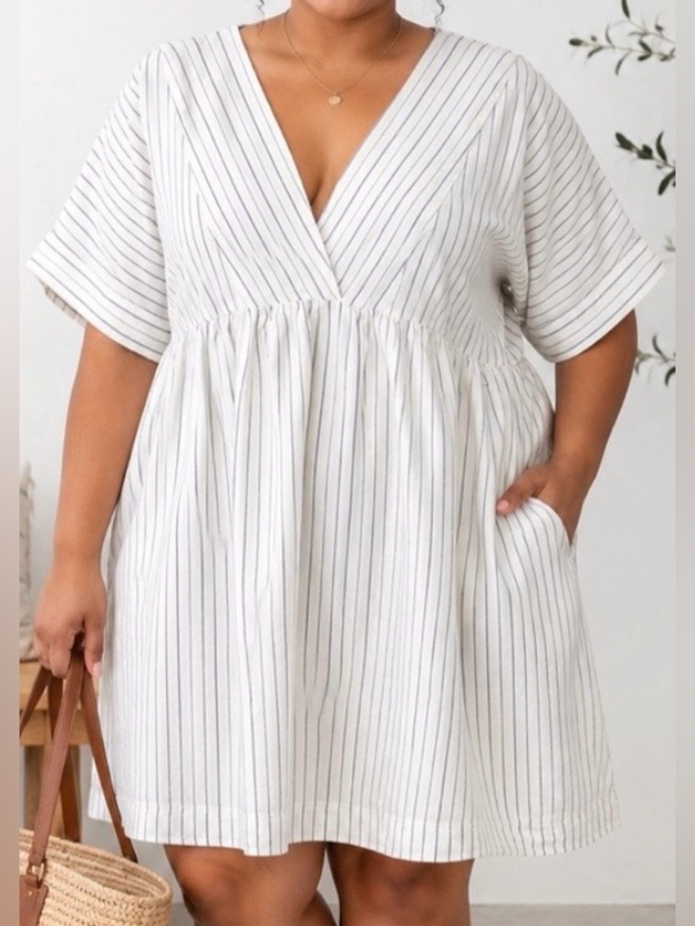Madewell 1X Linen Blend Striped Mini Dress Blue White V-Neck Pockets Coastal